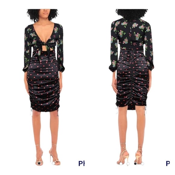 FOR LOVE & LEMONS Wilson Mixed Print Front Cutout Ruched Midi Dress Size 1X - Picture 2 of 11